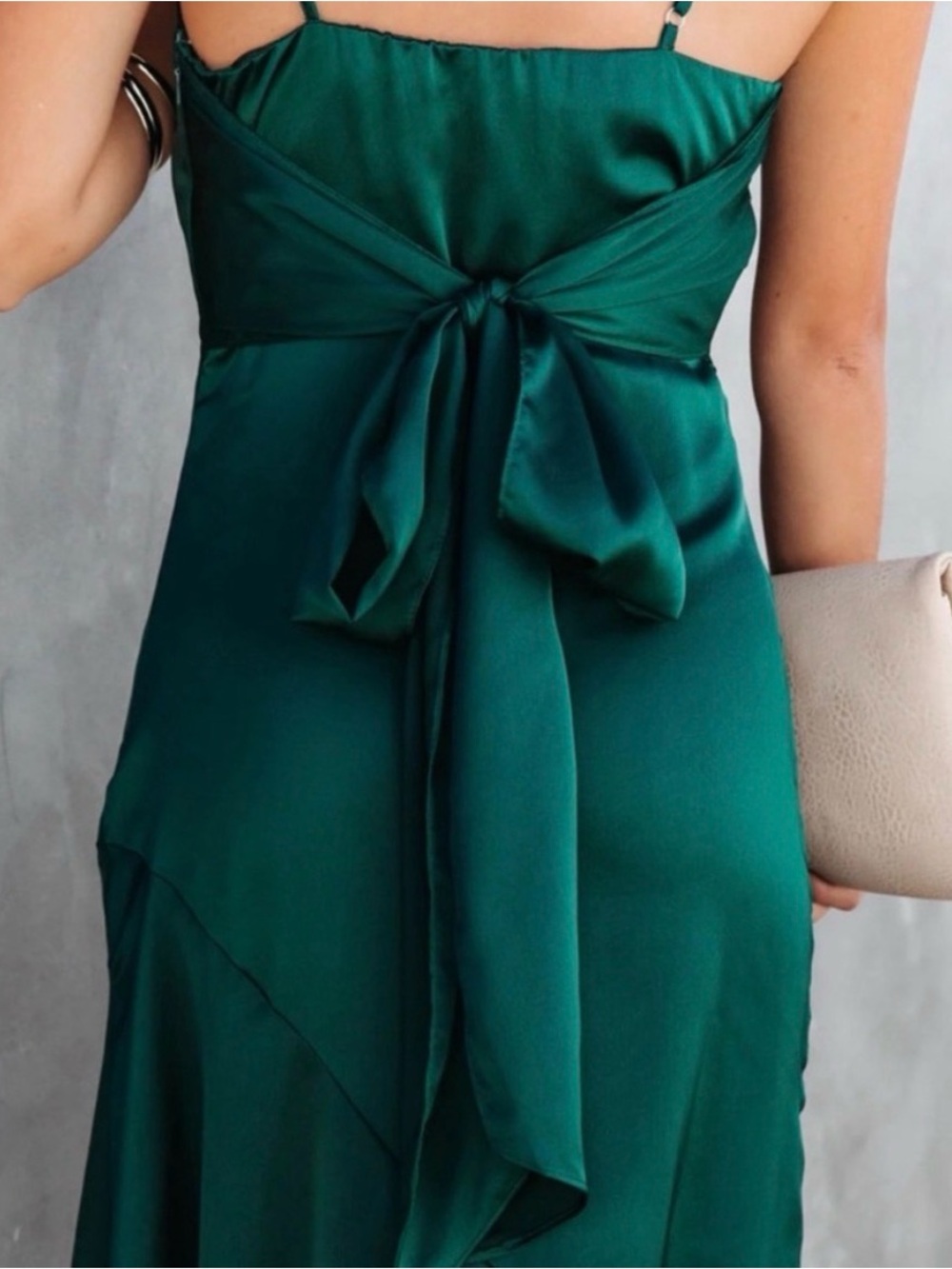DRESS FORUM Emerald Green Satin Midi Slip Dress with High Slit - Picture 3 of 9